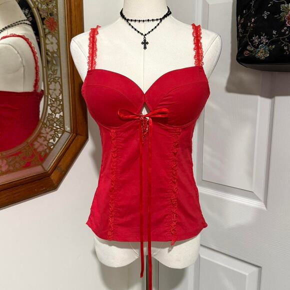 American Vintage Tops - VTG Y2K Clk Clk Clk Red Lace Up Ruffle Lace Smocked Bustier Top w Padding S